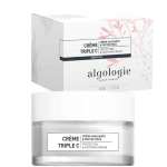 Algologie triple c cream is in a glass jar with a white lid. Packaging is a white box with apricot flowers to the side