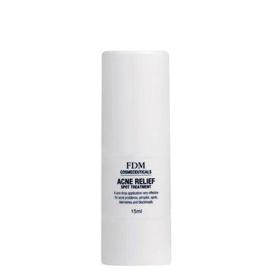 FDM acne relief pump bottle. White with blue text