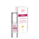 Sincerity eye cream with box in background. White box and deep red text