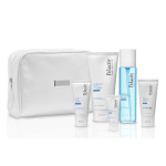 A variety of Pelactiv skincare products for dry skin. A cosmetic bag with zipper in background