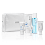 Pelactiv skincare products for oily skin with cosmetic bag in background