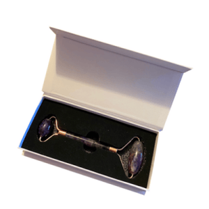Amethyst Crystal Facial Roller in white open box