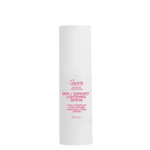 Sincerity Skin & Dark Spot Lightening Serum in a white pump bottle with red text