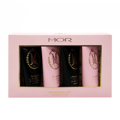 MOR marshmallow discovery kit with four marshmallow scented products. 2 pink tubes and two black tubes.
