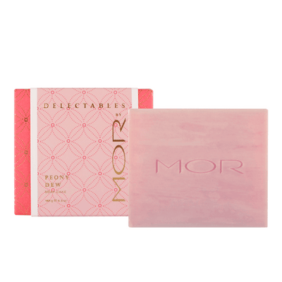 MOR peony dew pink soap with MOR engraved on front of soap