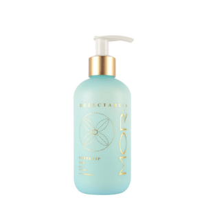 mor delectable silver tea body lotion on light blue pump bottle. White lid with a gold rim
