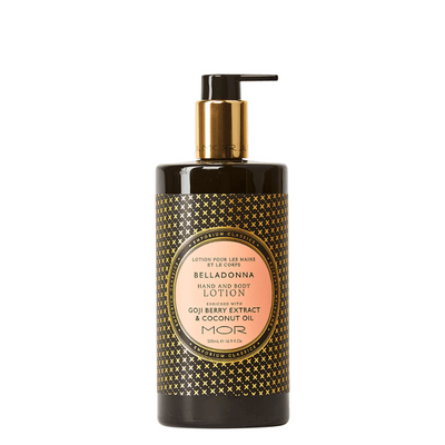 MOR belladonna body lotion in black pump bottle with apricot label on front