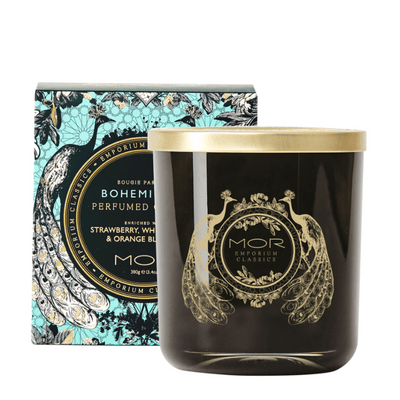 MOR Emporium Bohemienne candle 380g. Black glass vessel with a gold lid out of box