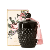 MOR marshmallow soy candle in black jar with lid. Out of box with pink tassel around top of black glass lid