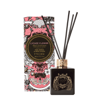 Emporium Classics Lychee Flower Reed Diffuser large size. Black glass vessel with black reed sticks.