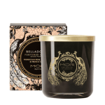 MOR emporium belladonna scented candle in black glass jar. Gold lid with gold MOR logo on front