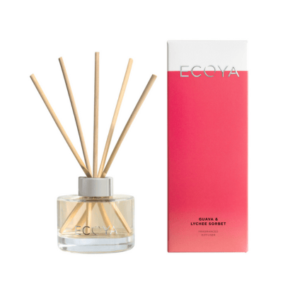 ECOYA Guava & Lychee Sorbet Mini Reed Diffuser. Boxed with glass jar and 5 reed sticks