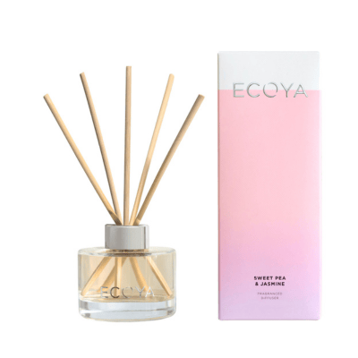 ECOYA mini diffuser in 50ml in a glass vessel with 5 reed sticks. Sweet pea and jasmine scent.