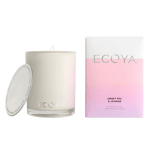 ECOYA candle with sweet pea & jasmine scent. silver lid, glass jar with a box box