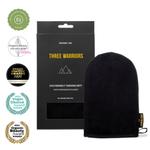 Three Warriors tanning black mitt pictured with box.