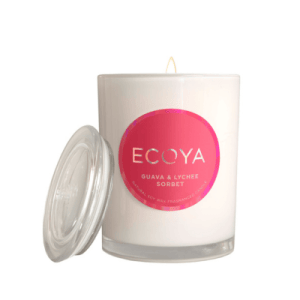 ECOYA Guava & Lychee Sorbet Metro Candle in glass jar with a red sticker