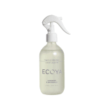 ECOYA Lavender and Chamomile linen spray. White spray nozzle with clear bottle and purple text on front.