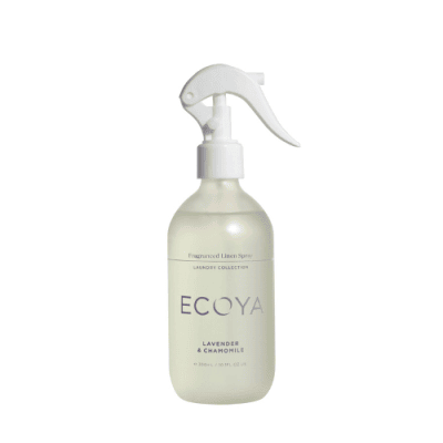 ECOYA Lavender and Chamomile linen spray. White spray nozzle with clear bottle and purple text on front.