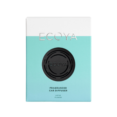 ECOYA car diffuser in lotus flower scent. Displayed in aqua box