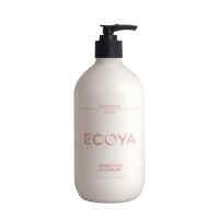 ECOYA body lotion sweet pea and jasmine. White lotion in a pump bottle with black pump