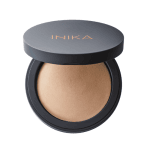 INIKA baked foundation with lid open. Black case with INIKA logo