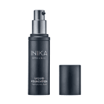 INIKA liquid foundation in a black pump bottle. Image with lid off