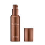 INIKA Organic bb cream in a brown pump bottle. Gold writing on bottle with lid off