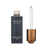 INIKA Radiant glow primer. Black jar open with dropper gold lid