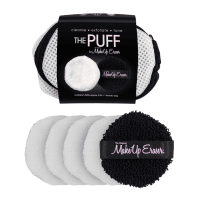 The makeup eraser puff pack. Showing 5 white puffs with the black handle