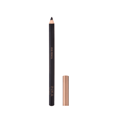 INIKA black eye pencil with gold lid off. Pencil black tip shown