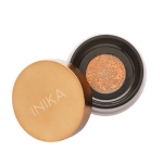 INIKA organic loose mineral bronzer in sunkisssed colour shade. Lid off tub showing powder