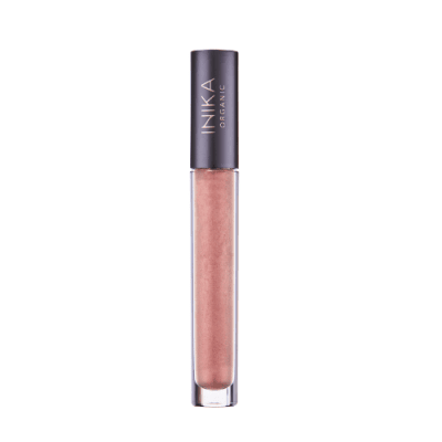 INIKA organic lip glaze in blossom colour. Black lid with clear tube showing colour of gloss