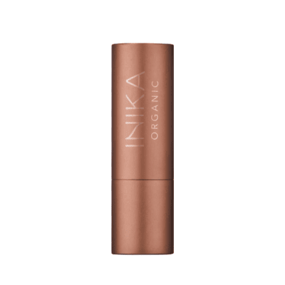 INIKA Organic lipstick with lid on. Brown case with INIKA text on lid