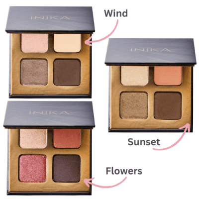 INIKA eye shadow palettes showing 3 varieties of colour shades
