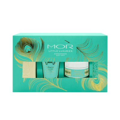 MOR little luxuries emporium bohemienne product in a pack. Aqua box with gold pattern on front