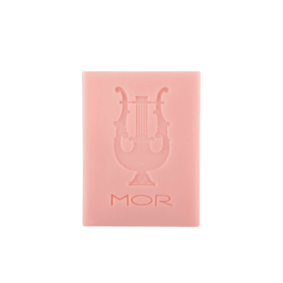 MOR marshmallow mini pink soap, embossed with the MOR symbol