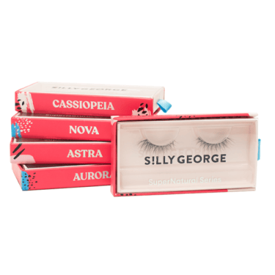 Silly George stack of SuperNatural eyelashes. Front box showing lashes with clear lid