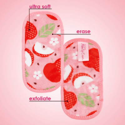 The makeup eraser healthy habit eraser showing front and back. Food images on eraser cloth