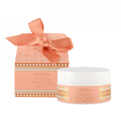 MOR Little Luxuries Belladonna Body Butter in small container with an peach colour box