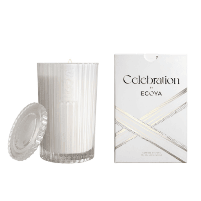 ECOYA celebration whit musk & warm vanilla small candle. Glass vessel with glass lid