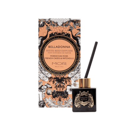 MOR small diffuser in black glass vessel with black reed sticks. In the scent of Belladonna