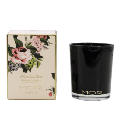 MOR Marshmallow mini candle in black glass jar.