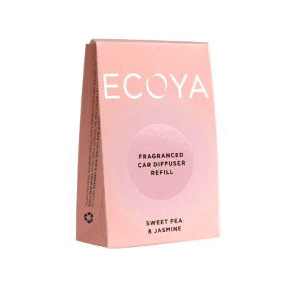 ECOYA car diffuser refill in sweet pea and jasmine scent. In pink box