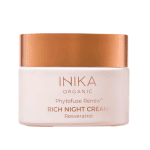 Inika Organic rich night cream in glass jar with aluminum gold lid