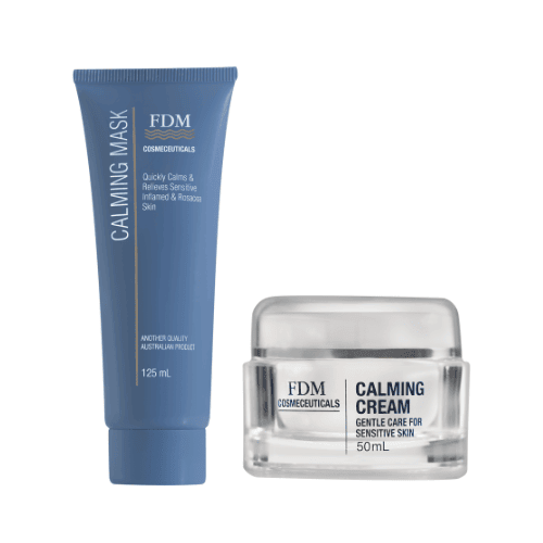 fleur de mer calming mask and calming creme. blue bottle for the mask and clear glass jar for the calming creme