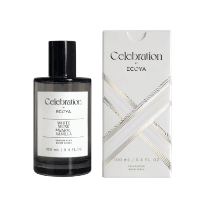 ECOYA Celebration White Musk + Warm Vanilla Room Spray in glass spray bottle