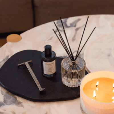 ECOYA Celebration White Musk + Warm Vanilla Room Spray with candle and diffuser