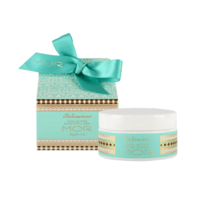 MOR Little Luxuries Bohemienne Body Butter in an aqua box and ribbon