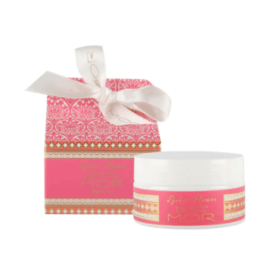MOR Little Luxuries Lychee Body Butter in bright pink box and ribbon